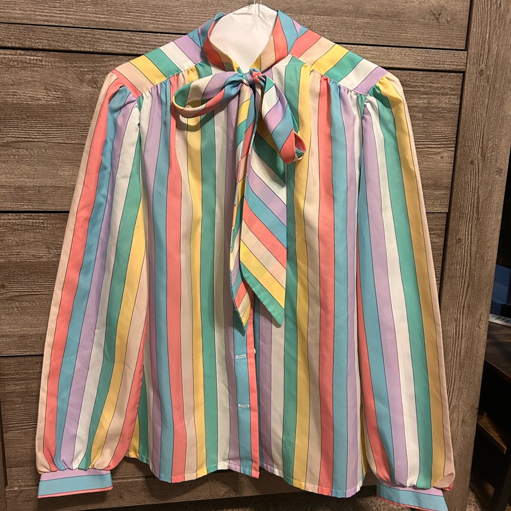 Colorful Striped Blouse with Bow Tie